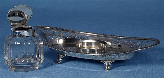 A Victorian silver and cut glass inkstand, by Haseler & Bill, length 211mm, weight tray only 5.4oz/170g